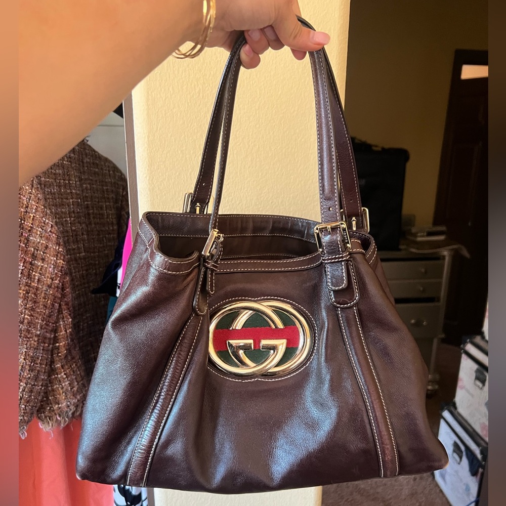 Gucci Britt GG leather web tote bag dark chocolate brown. Authentic.